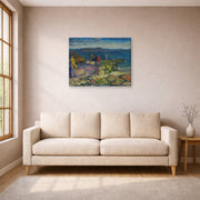 Gallery-wrapped canvas print of George Bellows's Dock Builders displayed on a wall in a living room
