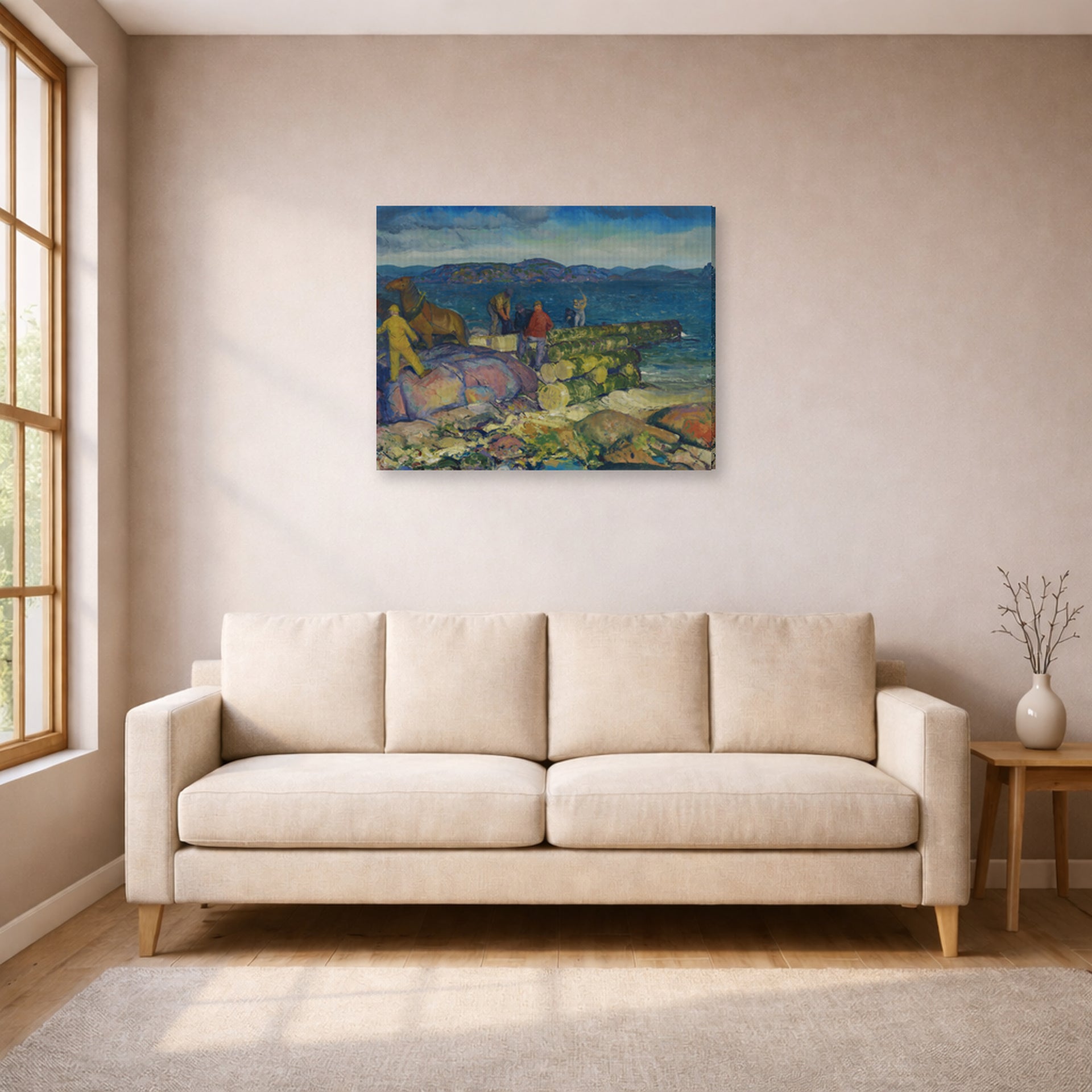 Gallery-wrapped canvas print of George Bellows's Dock Builders displayed on a wall in a living room
