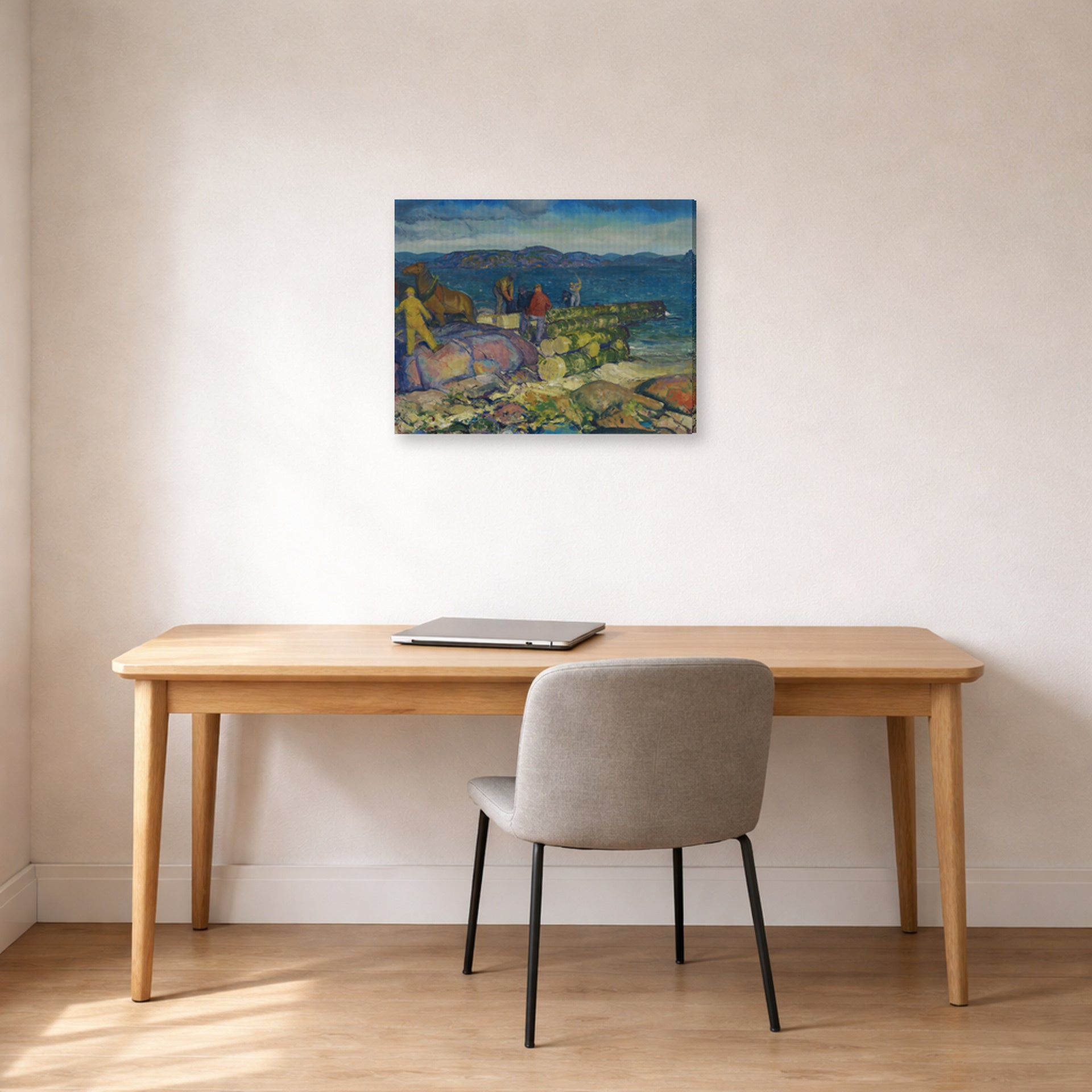Gallery-wrapped canvas print of George Bellows's Dock Builders displayed on a wall in a office