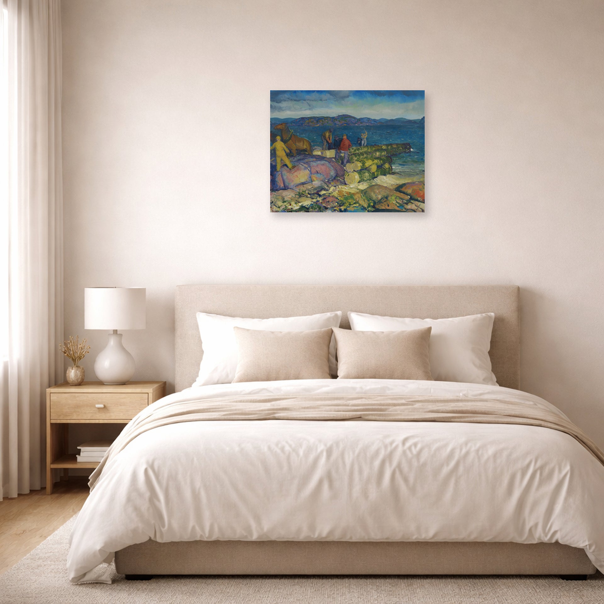Unframed poster print of George Bellows's Dock Builders displayed on a wall in a bedroom