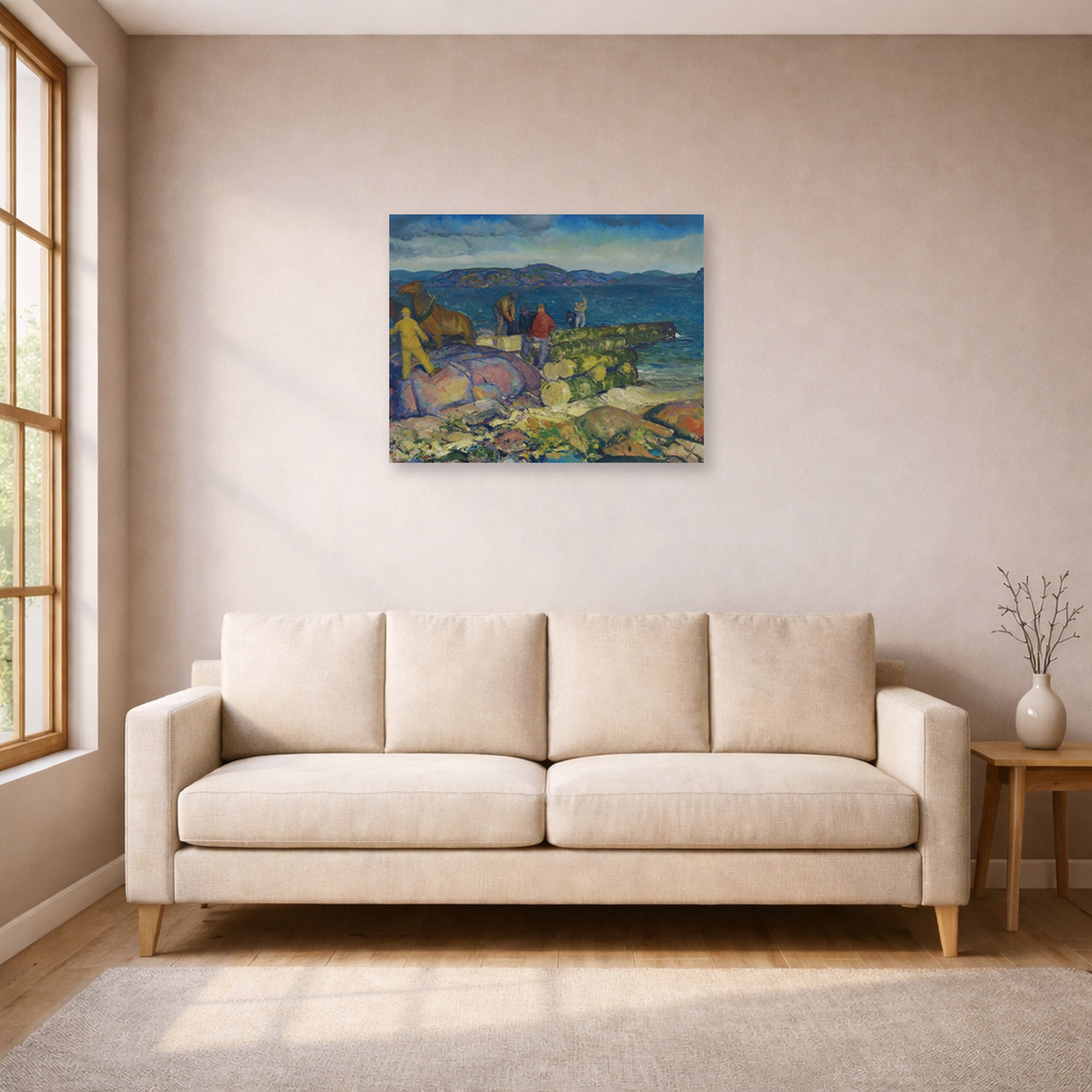 Unframed poster print of George Bellows's Dock Builders displayed on a wall in a living room