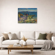 Unframed poster print of George Bellows's Dock Builders displayed on a wall in a living room