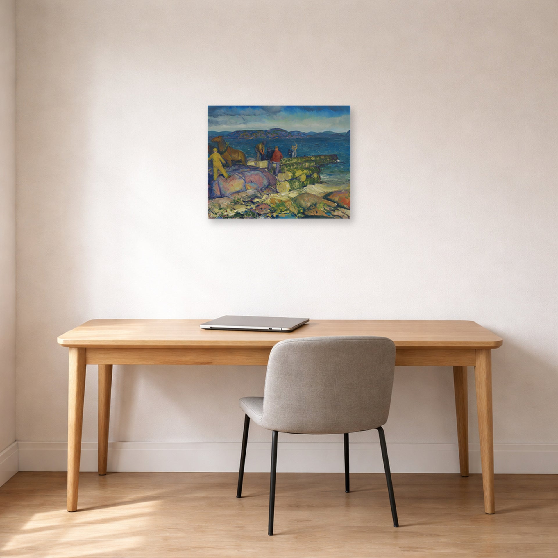 Unframed poster print of George Bellows's Dock Builders displayed on a wall in a office
