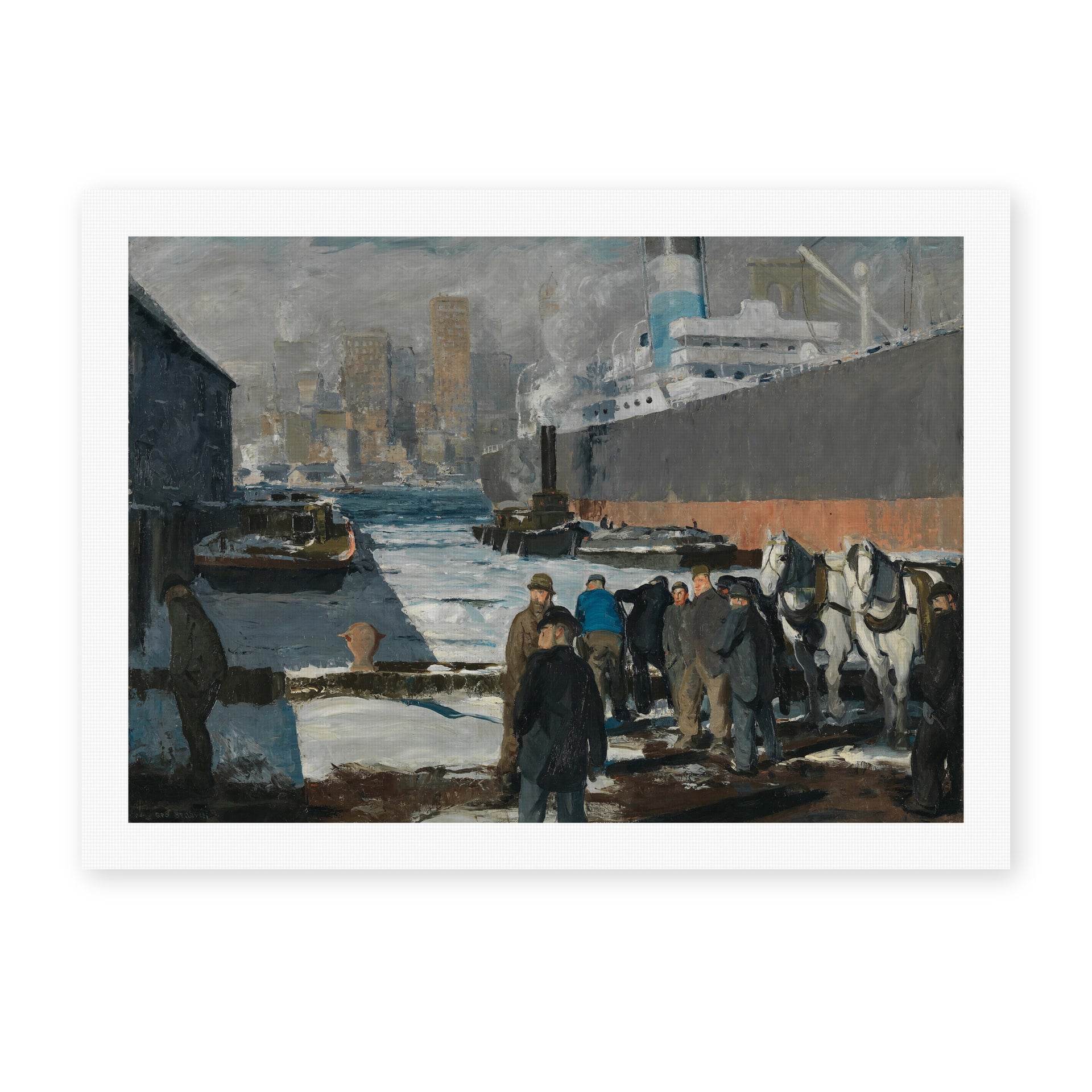 George Bellows's 'Men of the Docks' painting reproduced as a rolled canvas print, an early-1900s scene of dockworkers on the New York waterfront, part of his Ashcan School output