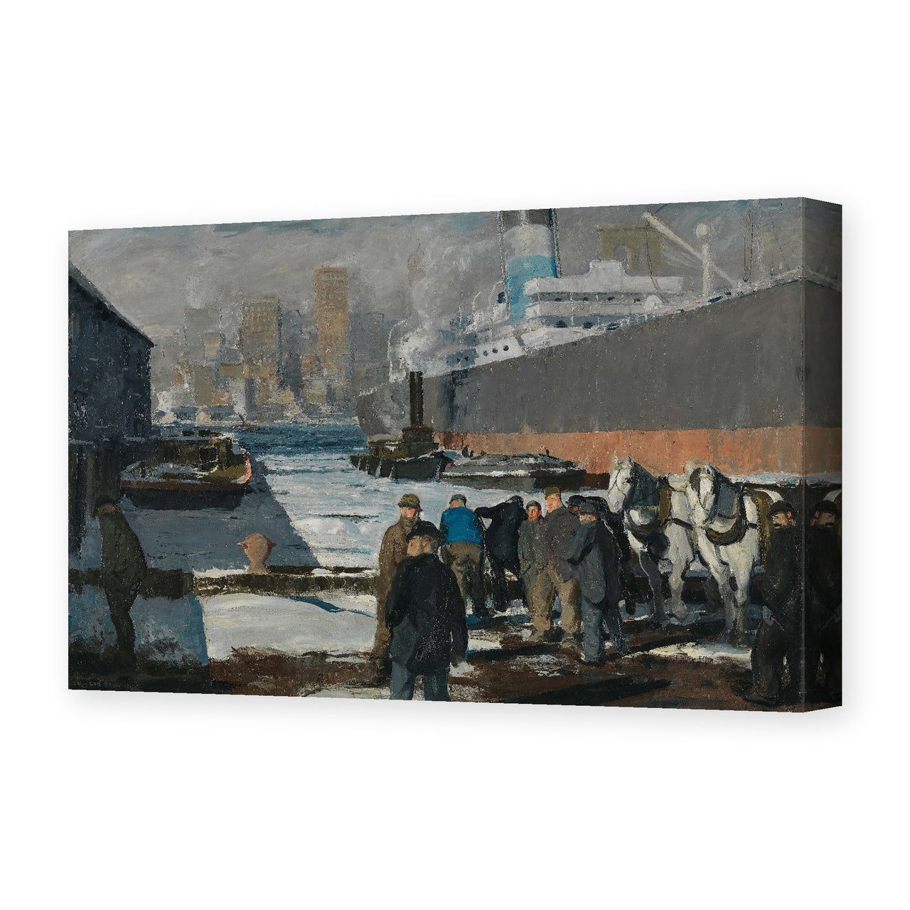 George Bellows's 'Men of the Docks' painting reproduced as a gallery-wrapped canvas print, an early-1900s scene of dockworkers on the New York waterfront, part of his Ashcan School output