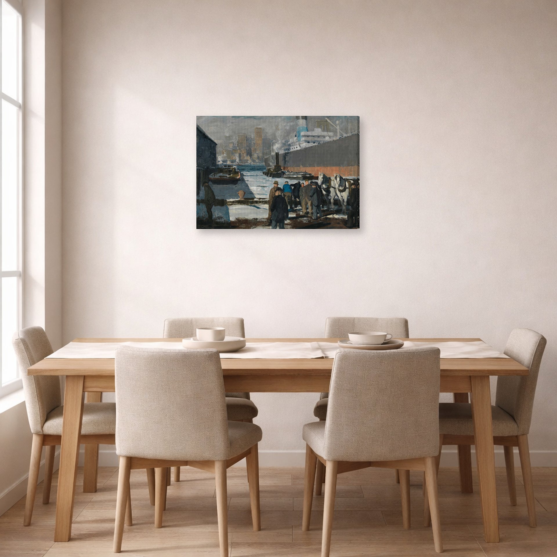 Gallery-wrapped canvas print of George Bellows's Men of the Docks displayed on a wall in a dining room