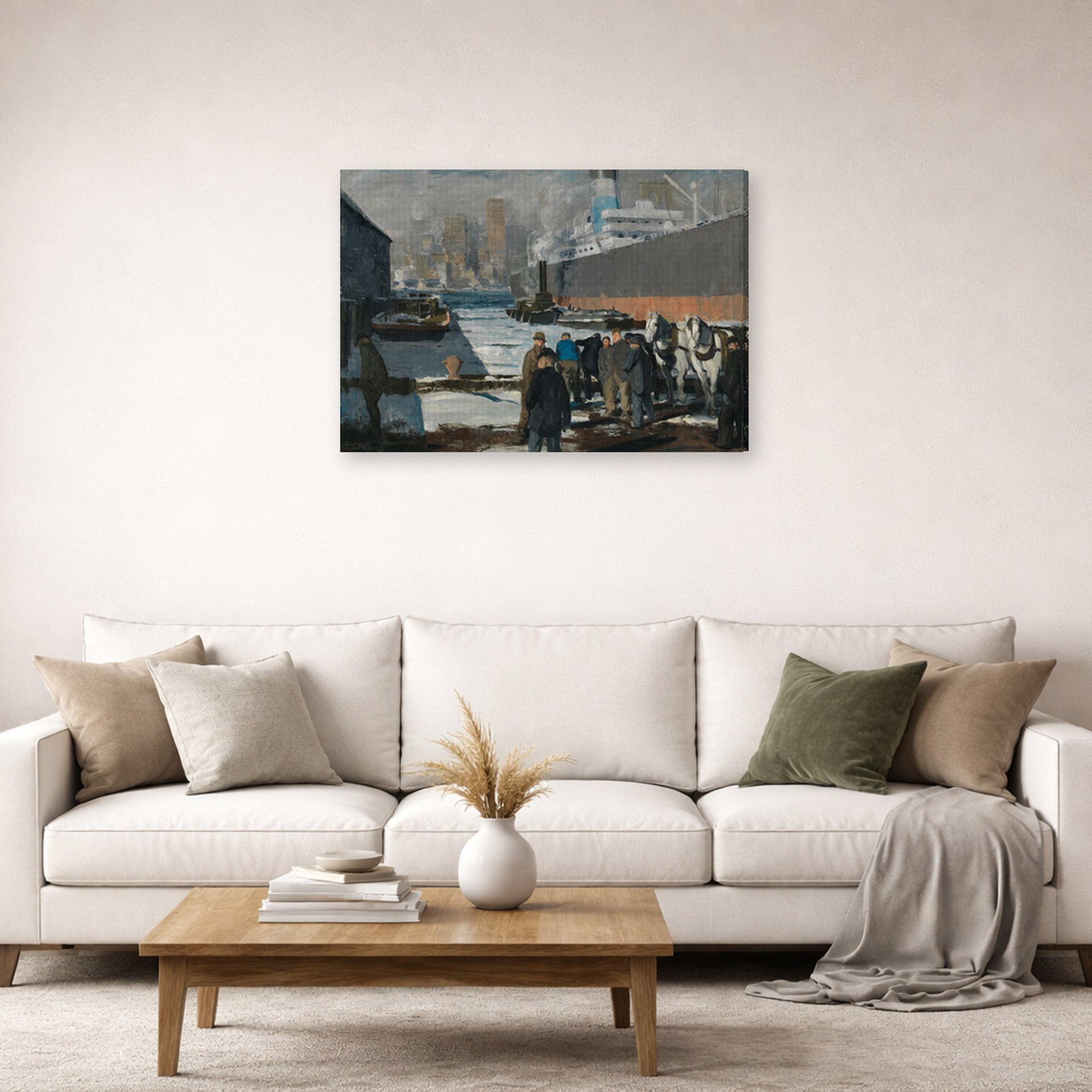 Gallery-wrapped canvas print of George Bellows's Men of the Docks displayed on a wall in a living room