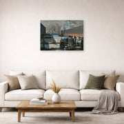Unframed poster print of George Bellows's Men of the Docks displayed on a wall in a living room