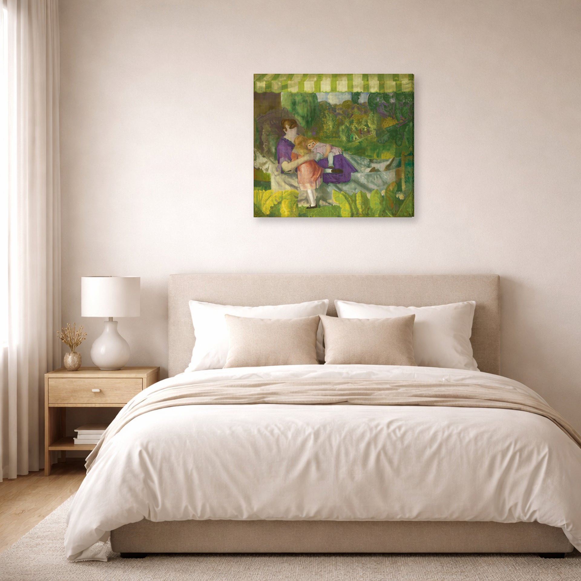 Gallery-wrapped canvas print of George Bellows's My Family displayed on a wall in a bedroom