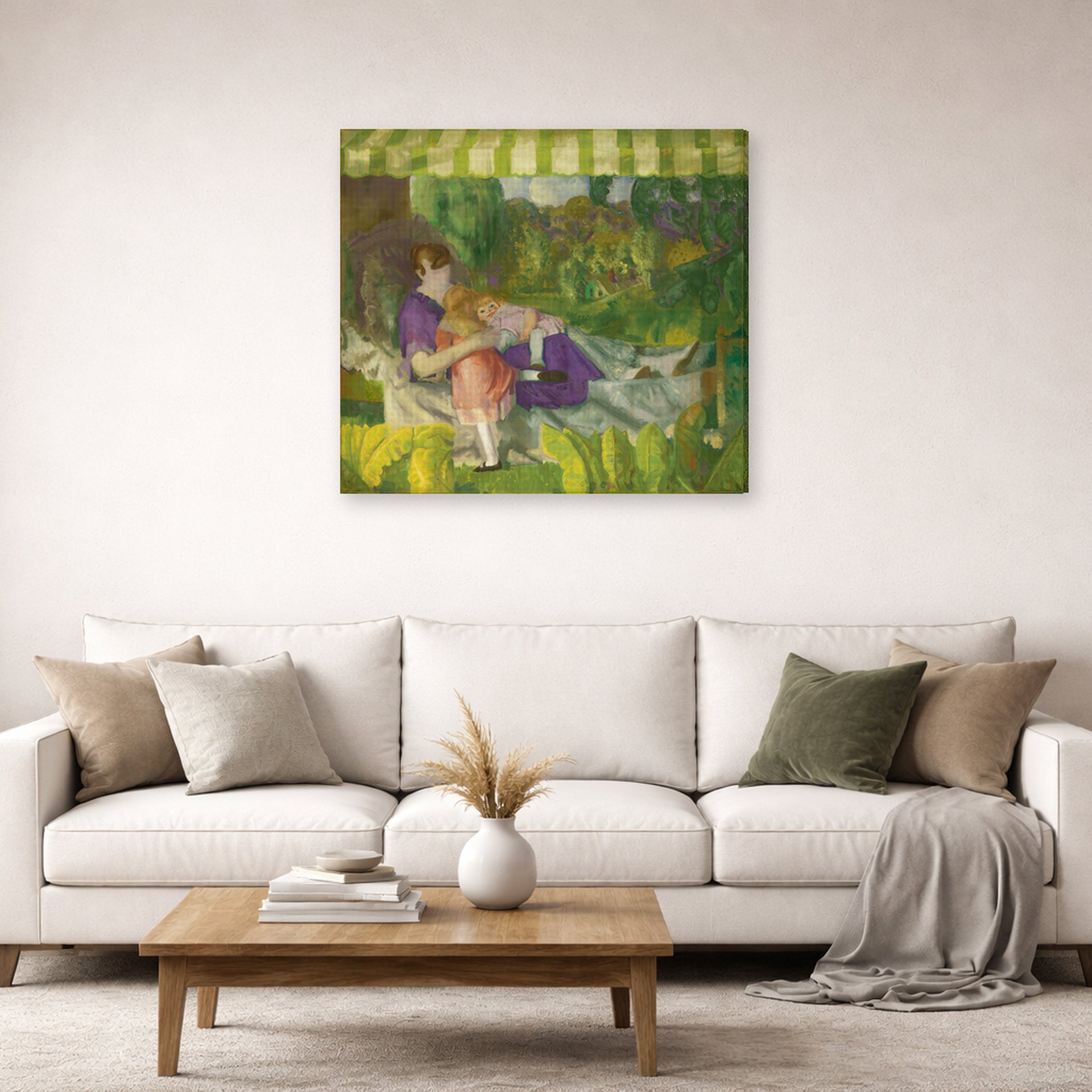 Gallery-wrapped canvas print of George Bellows's My Family displayed on a wall in a living room