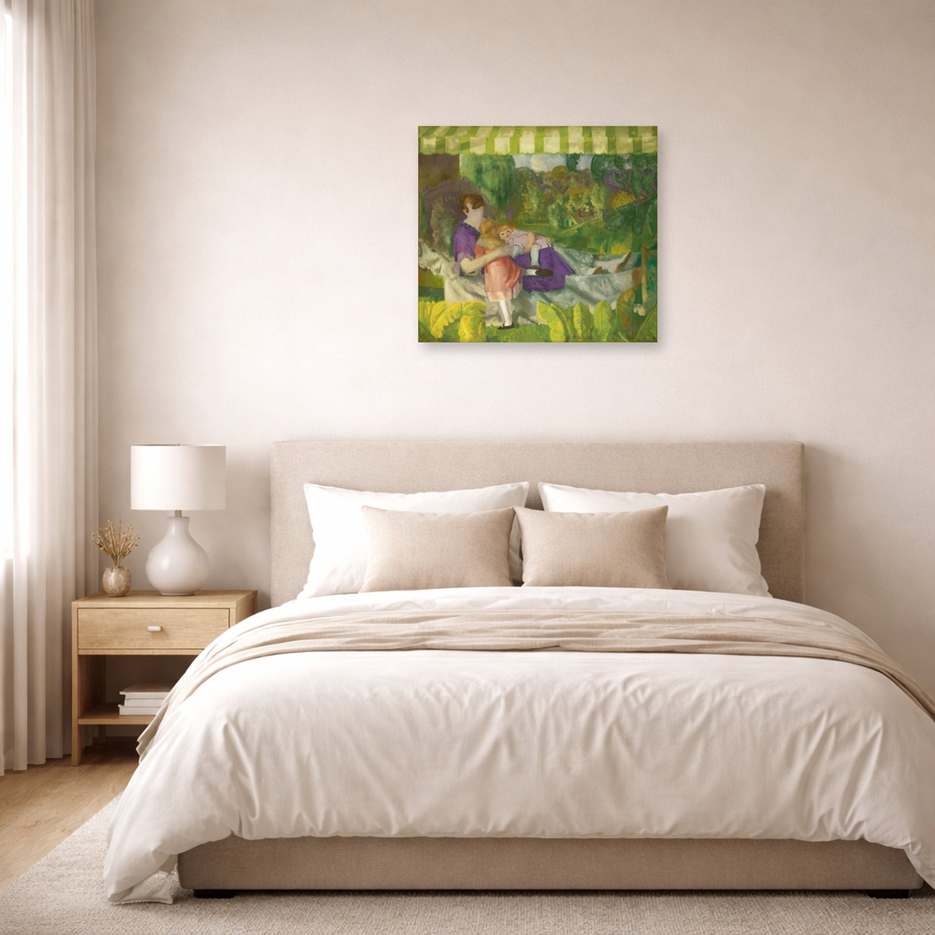 Unframed poster print of George Bellows's My Family displayed on a wall in a bedroom