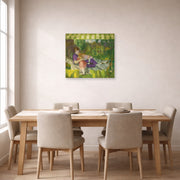 Unframed poster print of George Bellows's My Family displayed on a wall in a dining room