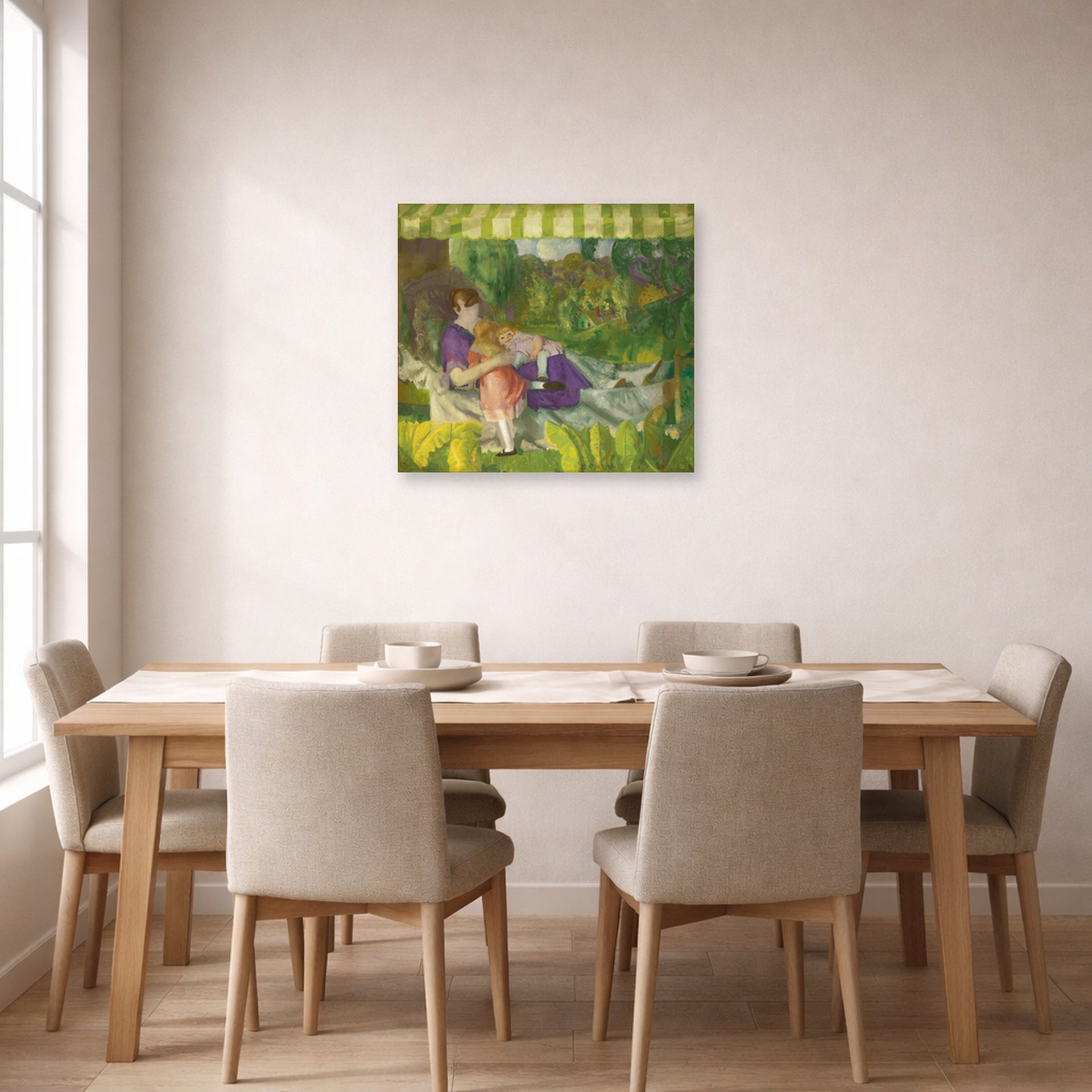 Unframed poster print of George Bellows's My Family displayed on a wall in a dining room