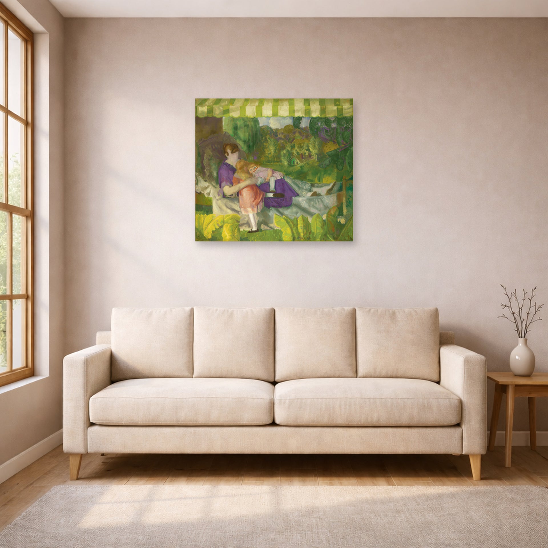 Unframed poster print of George Bellows's My Family displayed on a wall in a living room