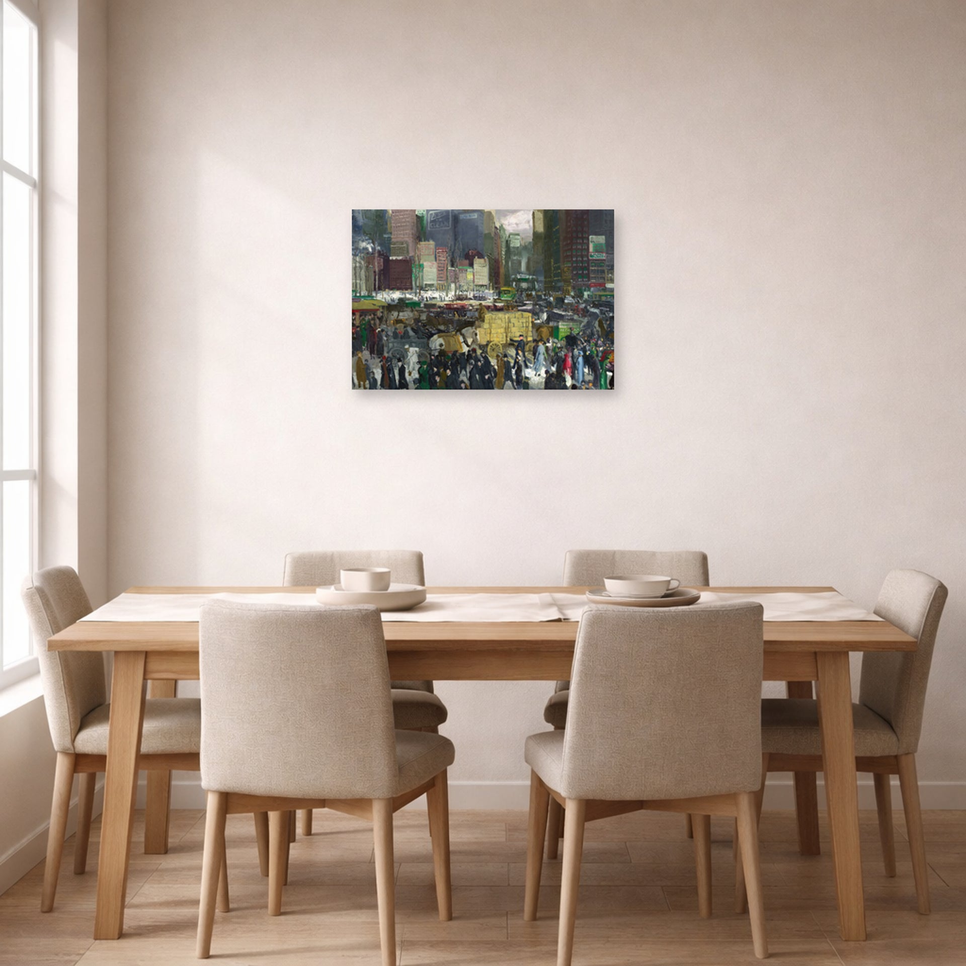 Unframed poster print of George Bellows's New York displayed on a wall in a dining room