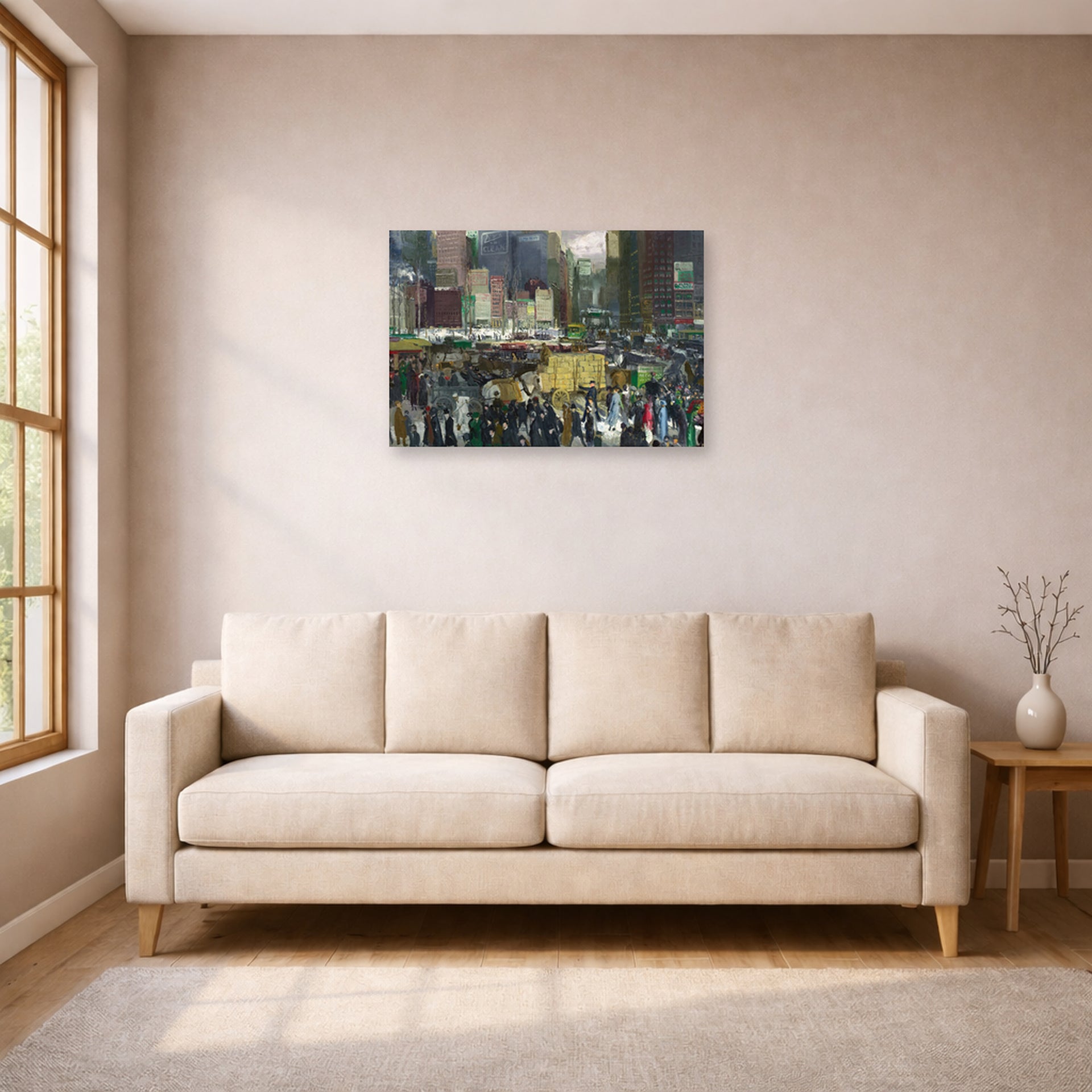 Unframed poster print of George Bellows's New York displayed on a wall in a living room