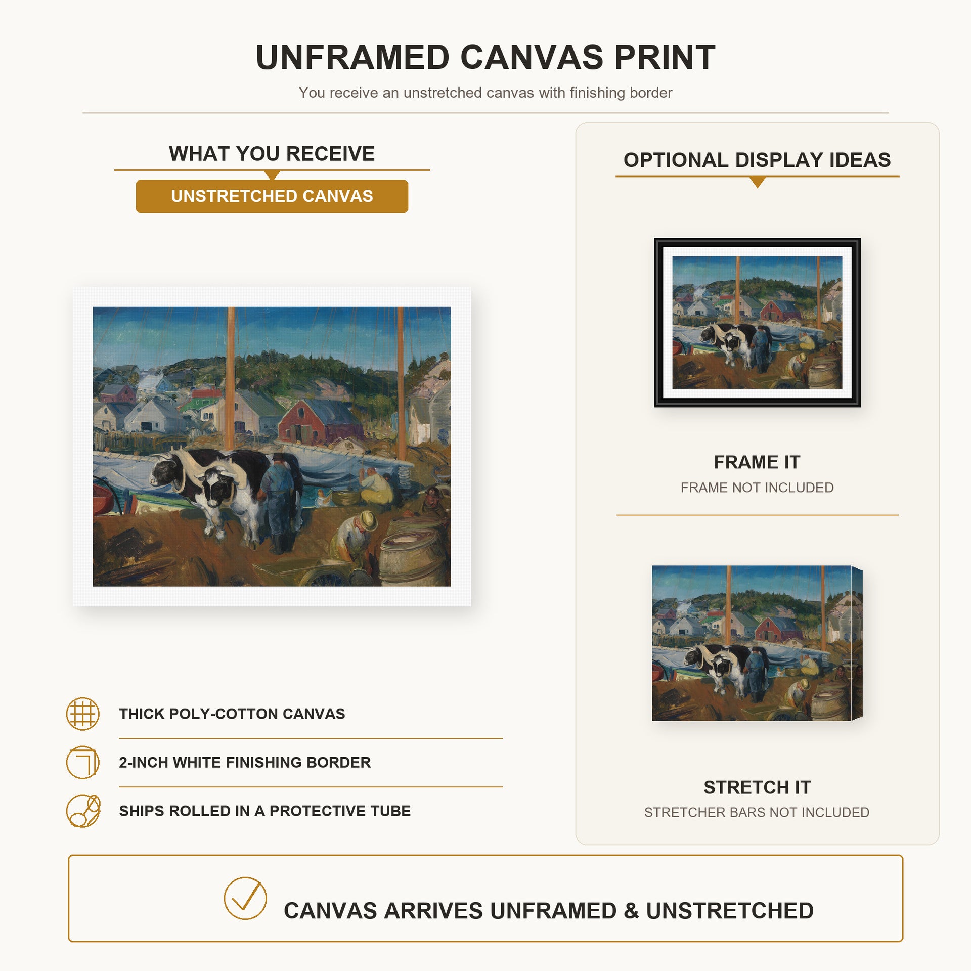George Bellows - Ox Team, Wharf at Matinicus canvas print size comparison and framing display infographic