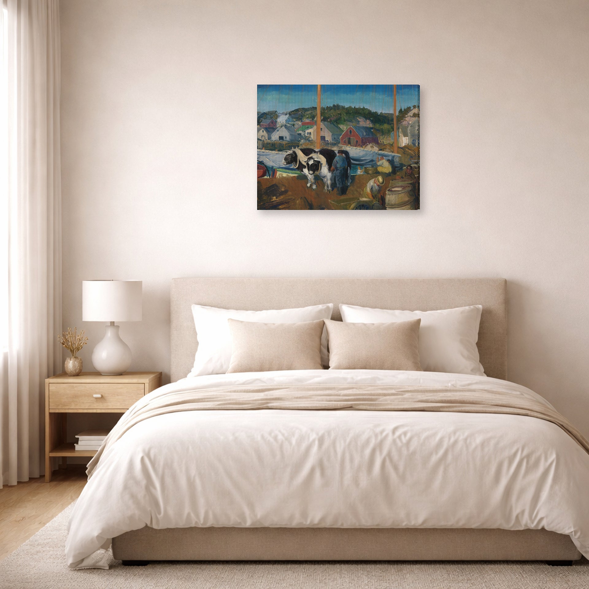 Gallery-wrapped canvas print of George Bellows's Ox Team, Wharf at Matinicus displayed on a wall in a bedroom