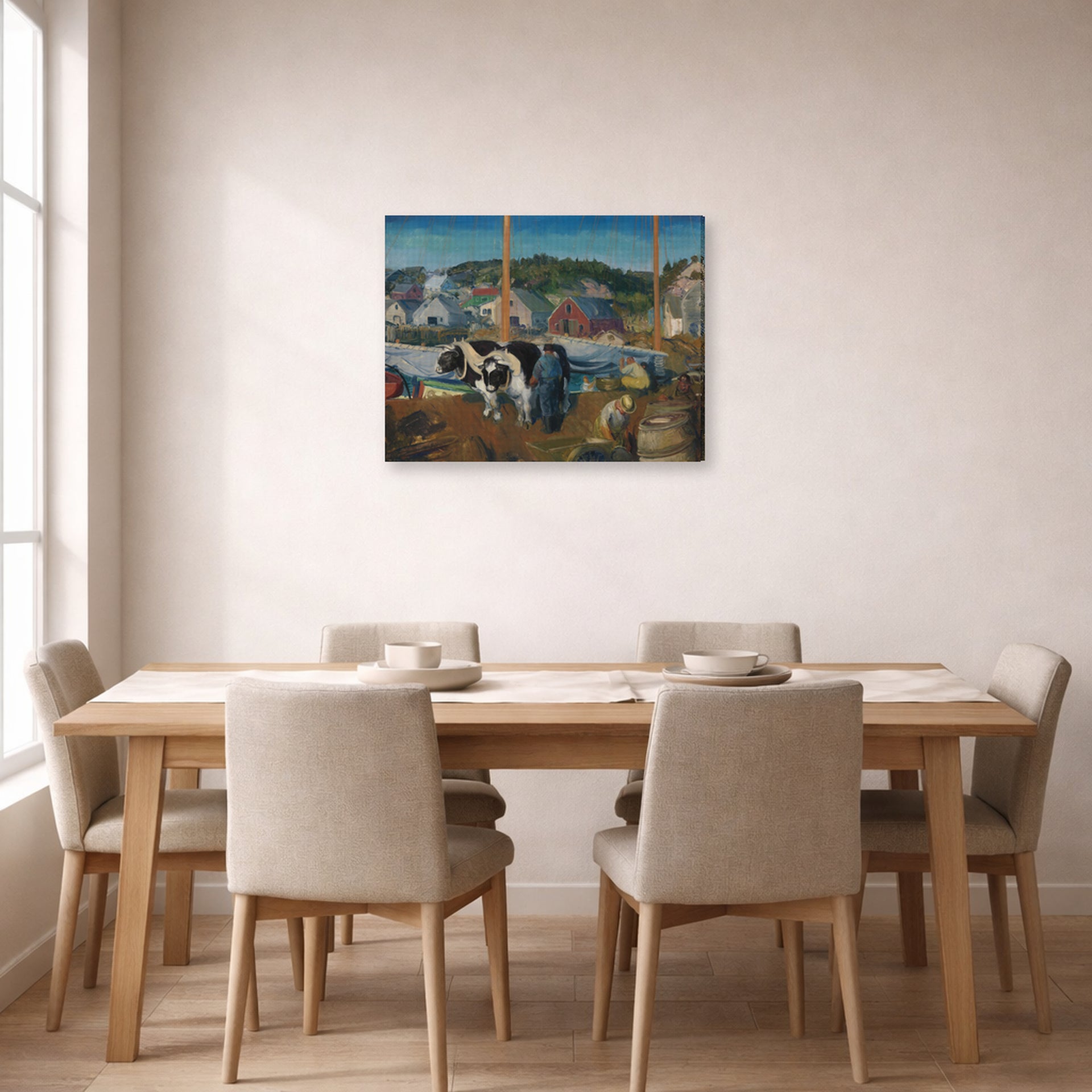 Gallery-wrapped canvas print of George Bellows's Ox Team, Wharf at Matinicus displayed on a wall in a dining room