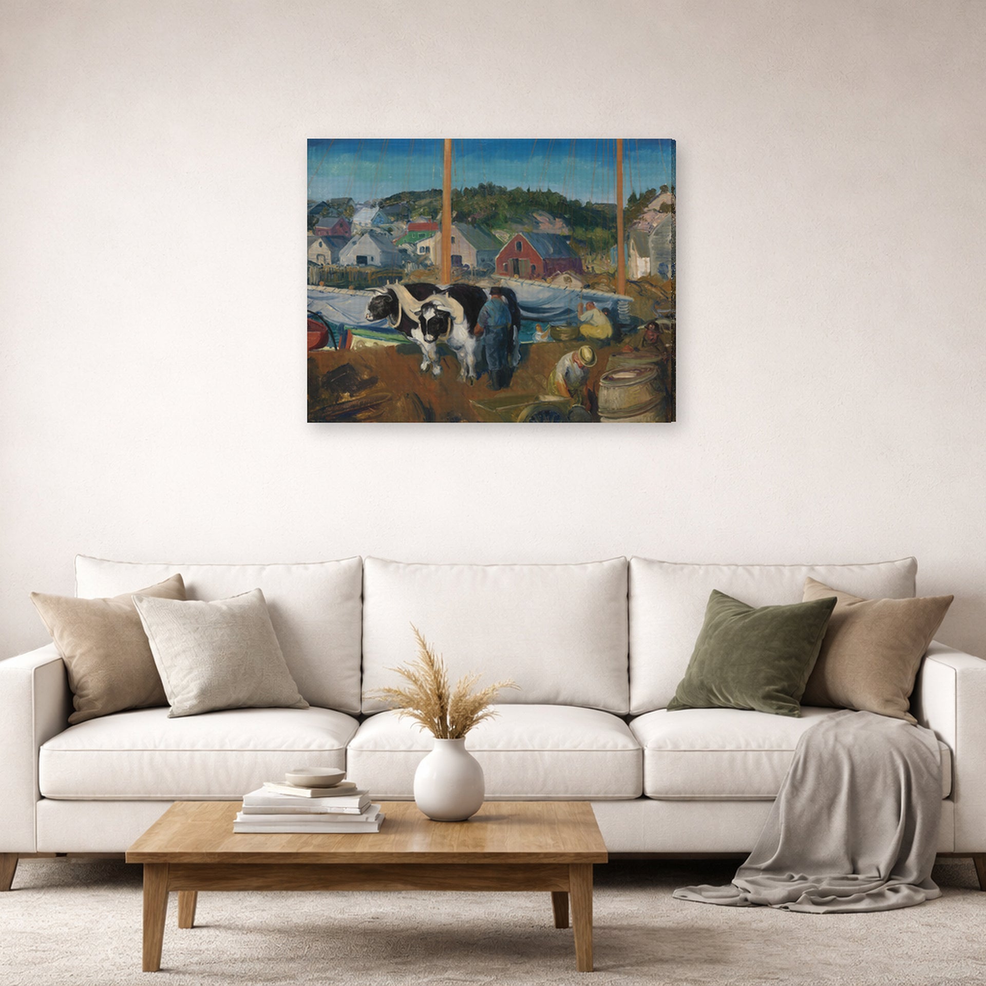 Gallery-wrapped canvas print of George Bellows's Ox Team, Wharf at Matinicus displayed on a wall in a living room