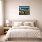 Unframed poster print of George Bellows's Ox Team, Wharf at Matinicus displayed on a wall in a bedroom