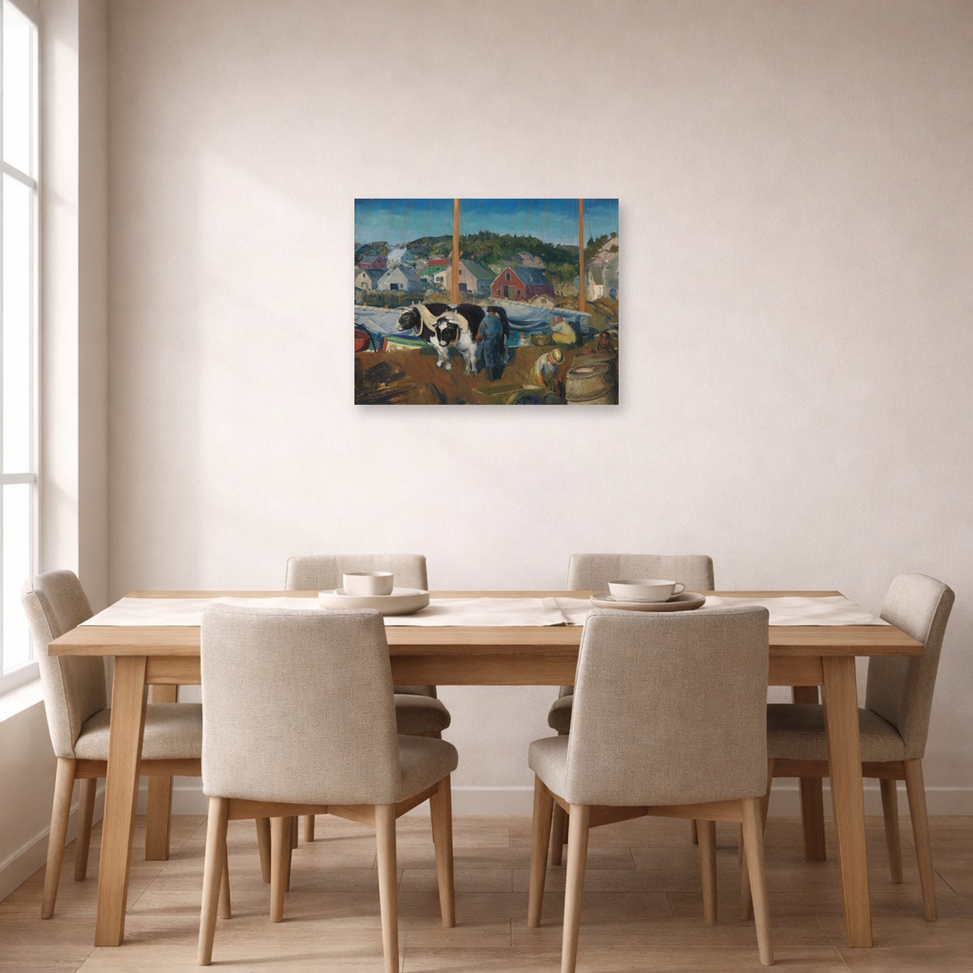 Unframed poster print of George Bellows's Ox Team, Wharf at Matinicus displayed on a wall in a dining room