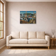 Unframed poster print of George Bellows's Ox Team, Wharf at Matinicus displayed on a wall in a living room