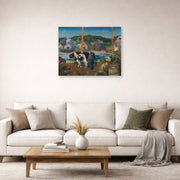Unframed poster print of George Bellows's Ox Team, Wharf at Matinicus displayed on a wall in a living room