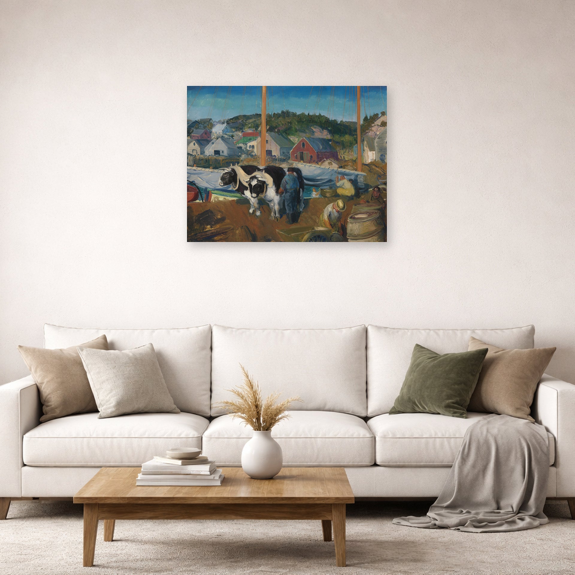 Unframed poster print of George Bellows's Ox Team, Wharf at Matinicus displayed on a wall in a living room