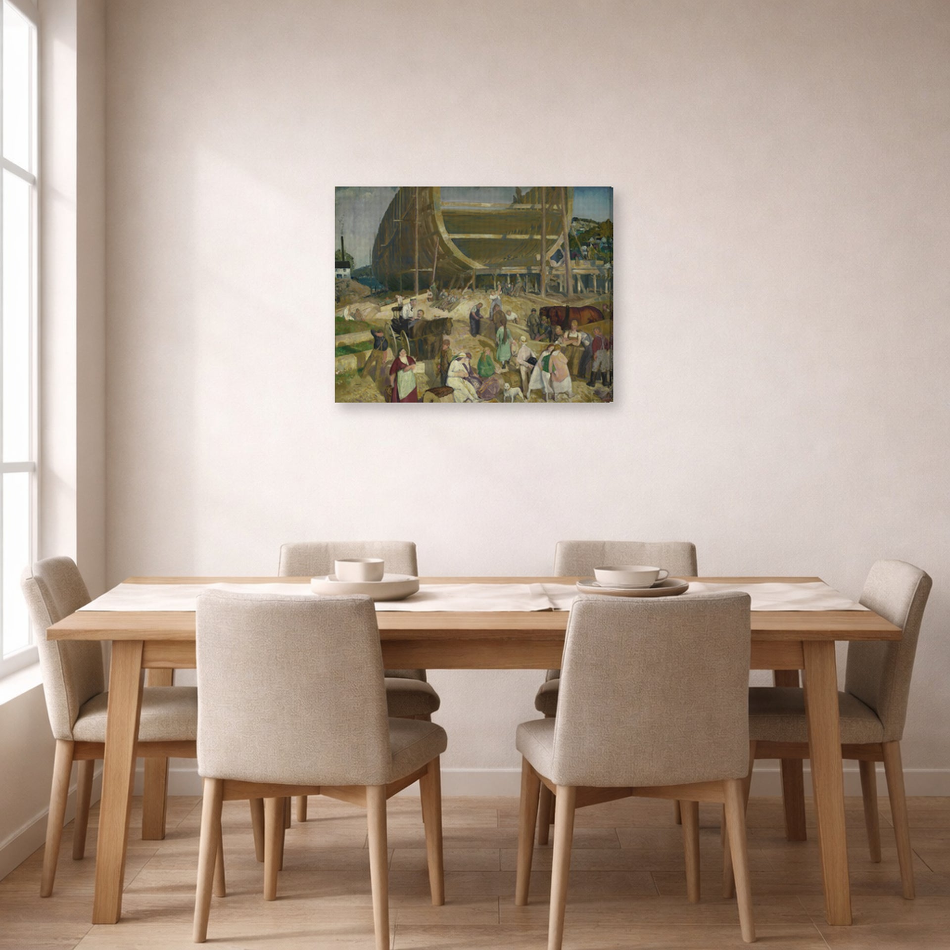 Gallery-wrapped canvas print of George Bellows's Shipyard Society displayed on a wall in a dining room