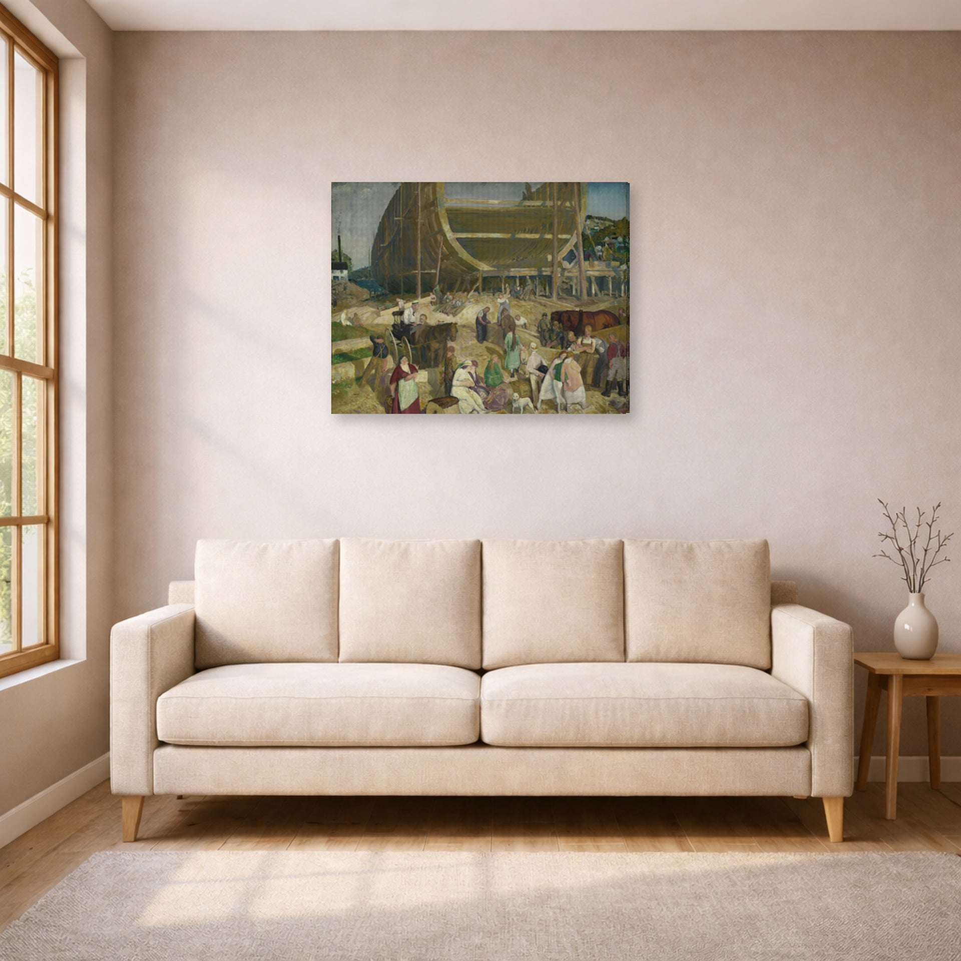 Gallery-wrapped canvas print of George Bellows's Shipyard Society displayed on a wall in a living room