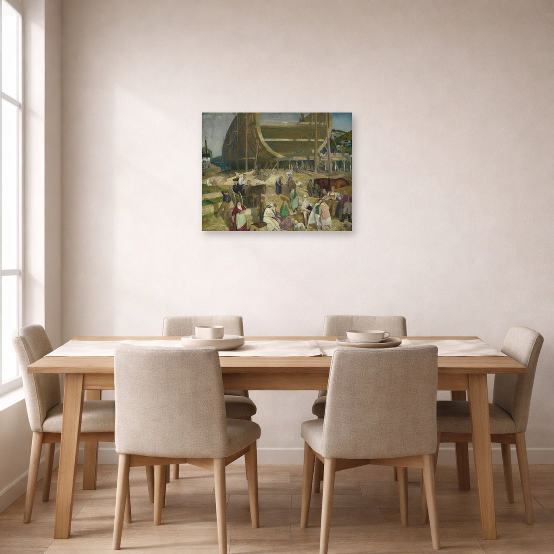 Unframed poster print of George Bellows's Shipyard Society displayed on a wall in a dining room
