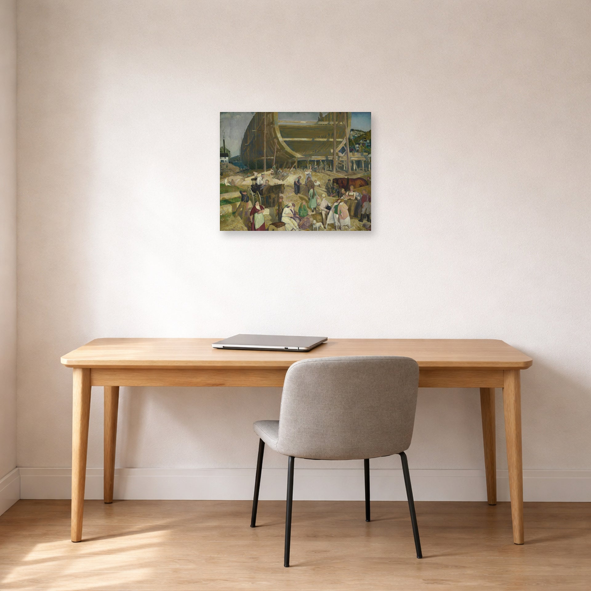 Unframed poster print of George Bellows's Shipyard Society displayed on a wall in a office
