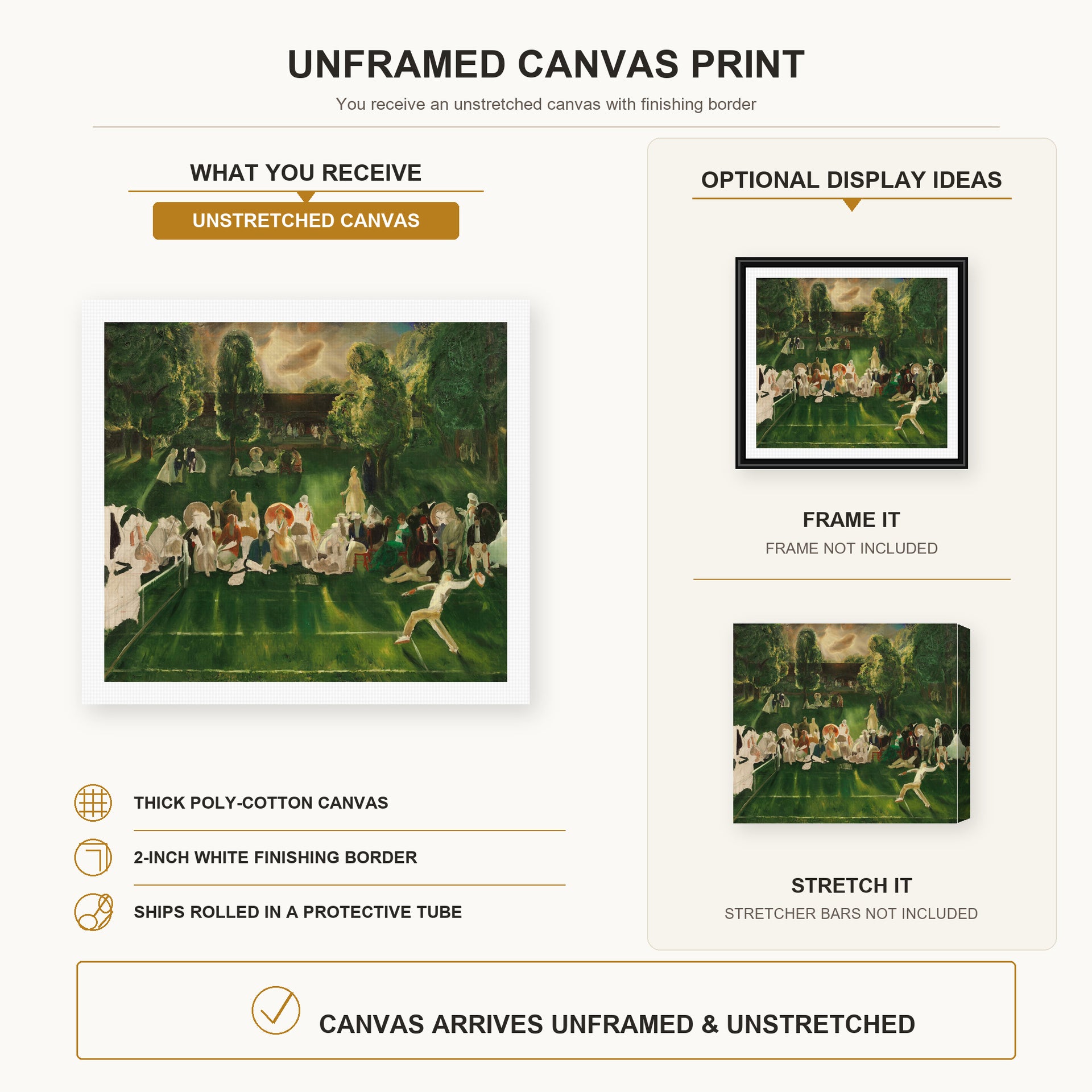 George Bellows - Tennis Tournament canvas print size comparison and framing display infographic