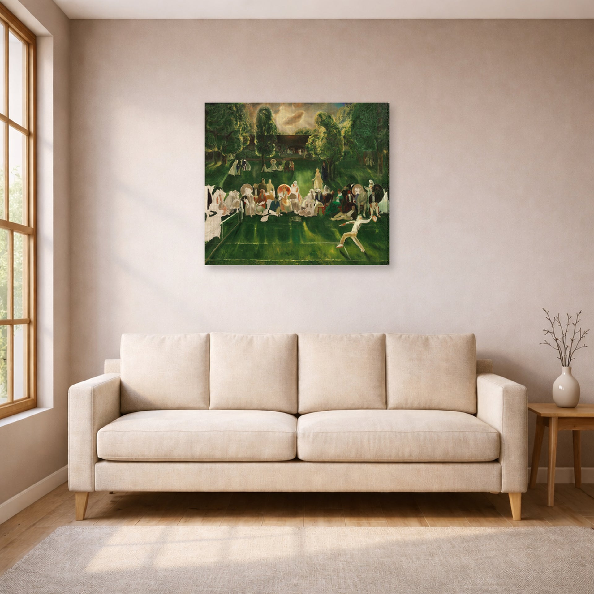Gallery-wrapped canvas print of George Bellows's Tennis Tournament displayed on a wall in a living room