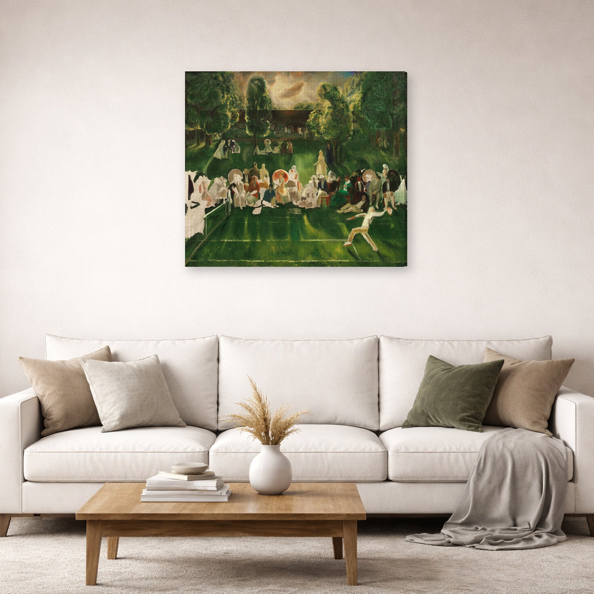 Gallery-wrapped canvas print of George Bellows's Tennis Tournament displayed on a wall in a living room