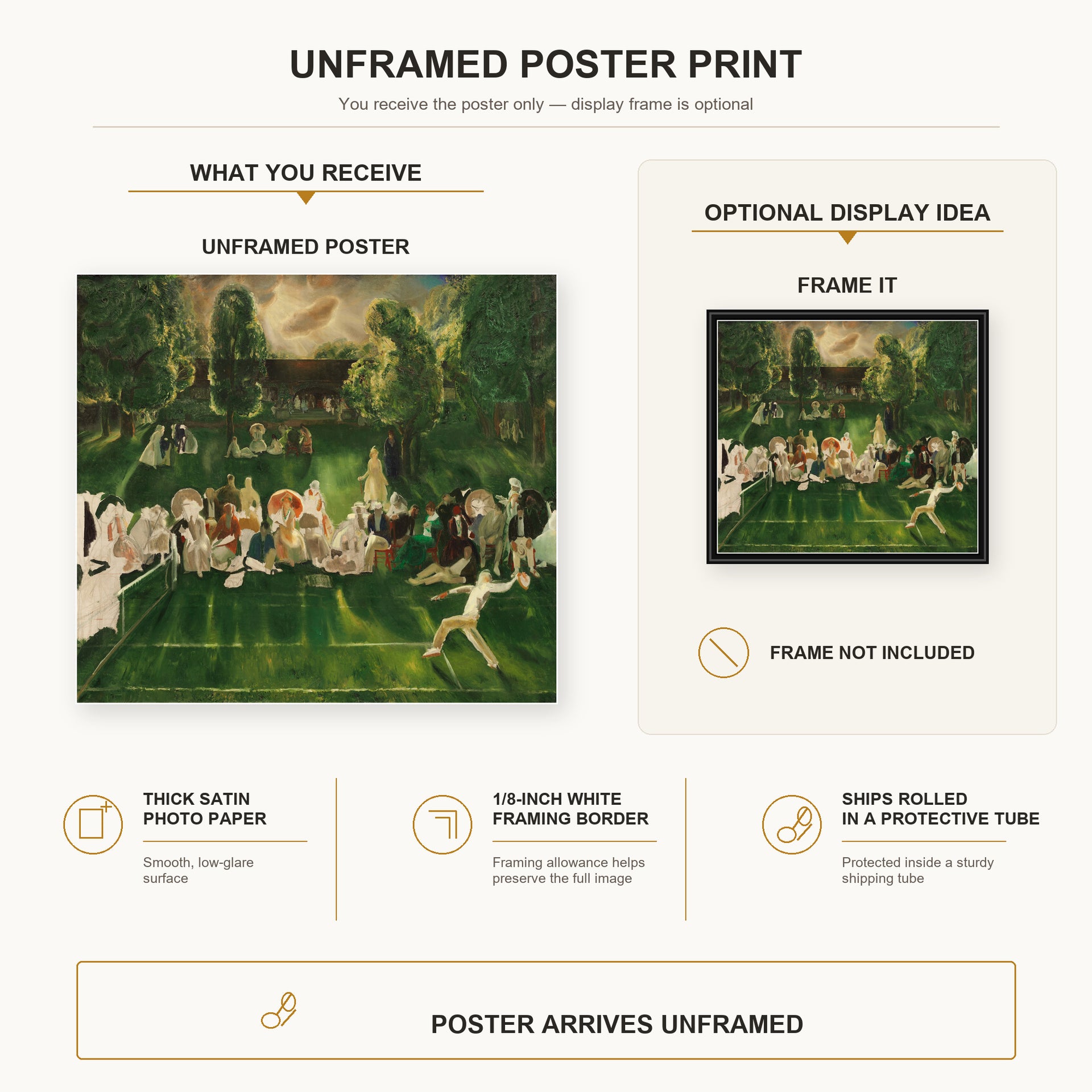 George Bellows - Tennis Tournament poster print size comparison and framing display infographic