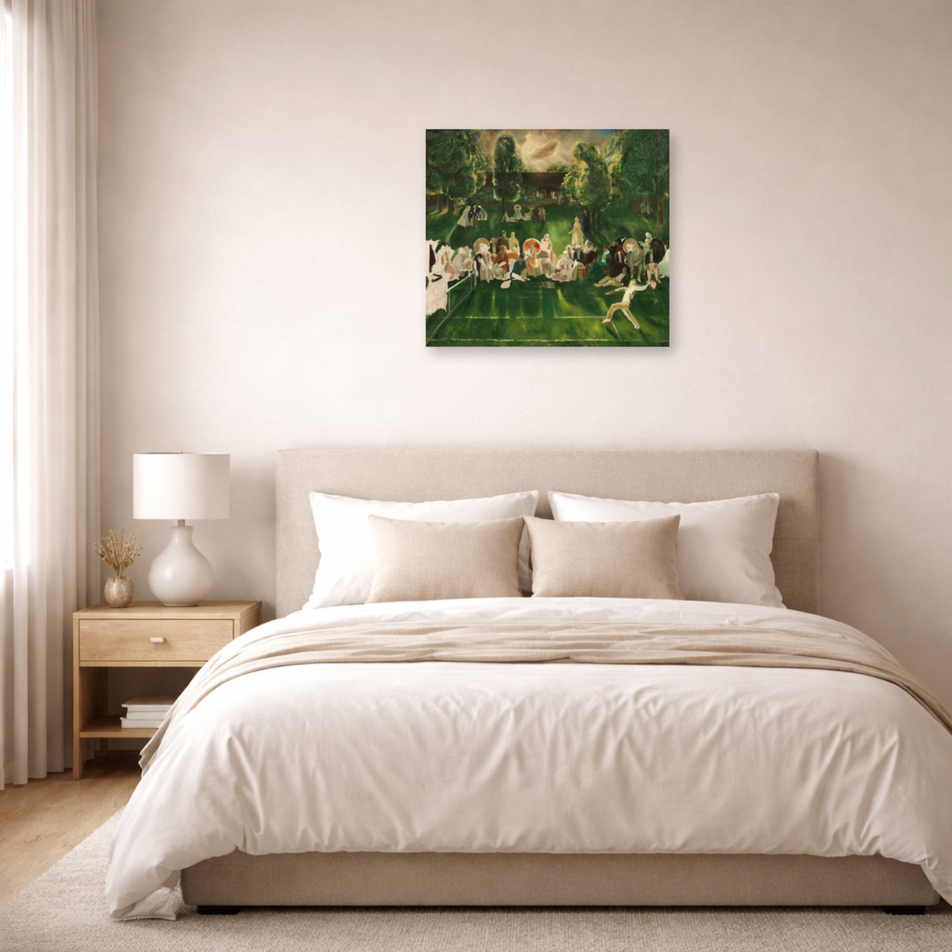 Unframed poster print of George Bellows's Tennis Tournament displayed on a wall in a bedroom