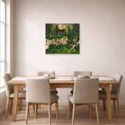 Unframed poster print of George Bellows's Tennis Tournament displayed on a wall in a dining room