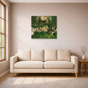 Unframed poster print of George Bellows's Tennis Tournament displayed on a wall in a living room