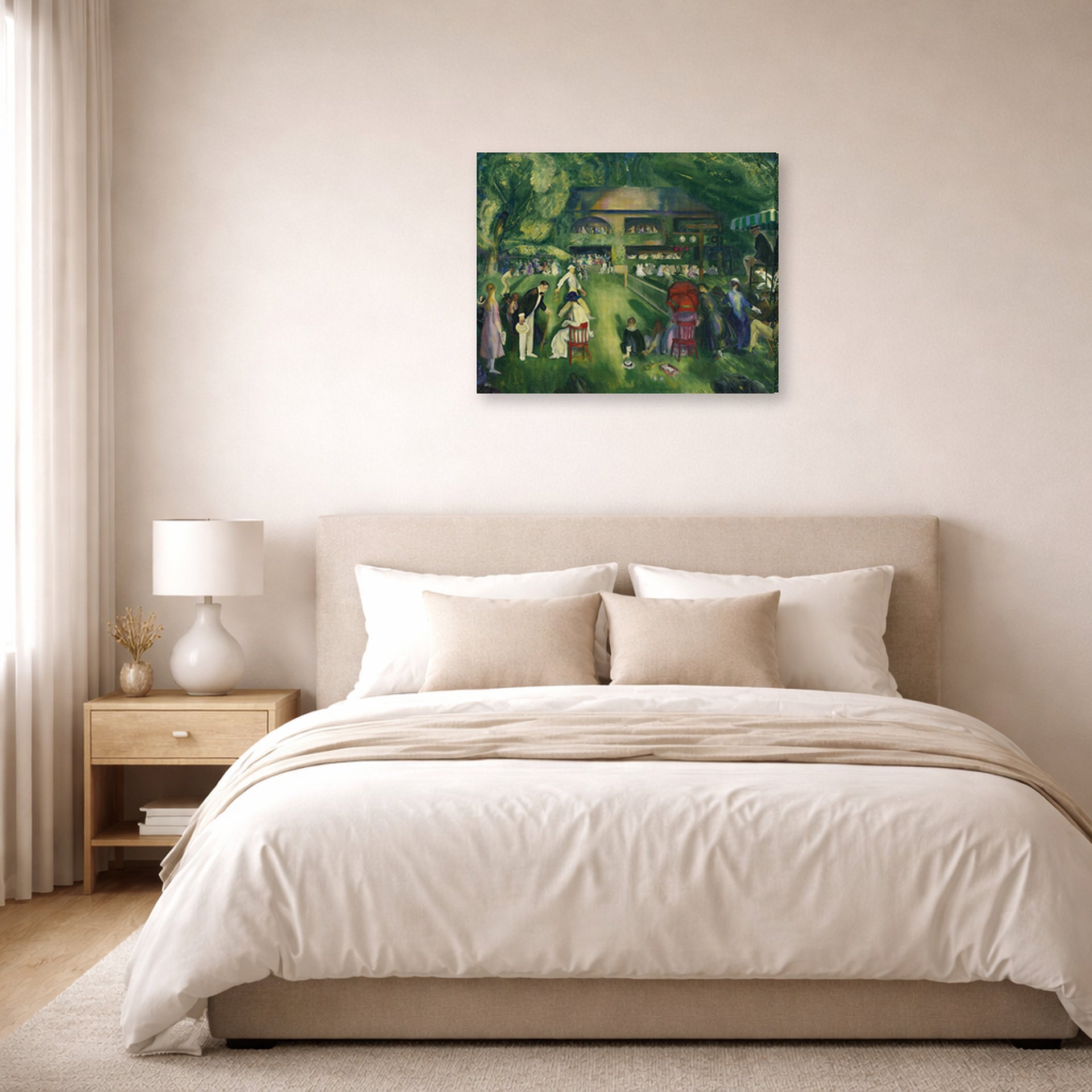Gallery-wrapped canvas print of George Bellows's Tennis at Newport displayed on a wall in a bedroom