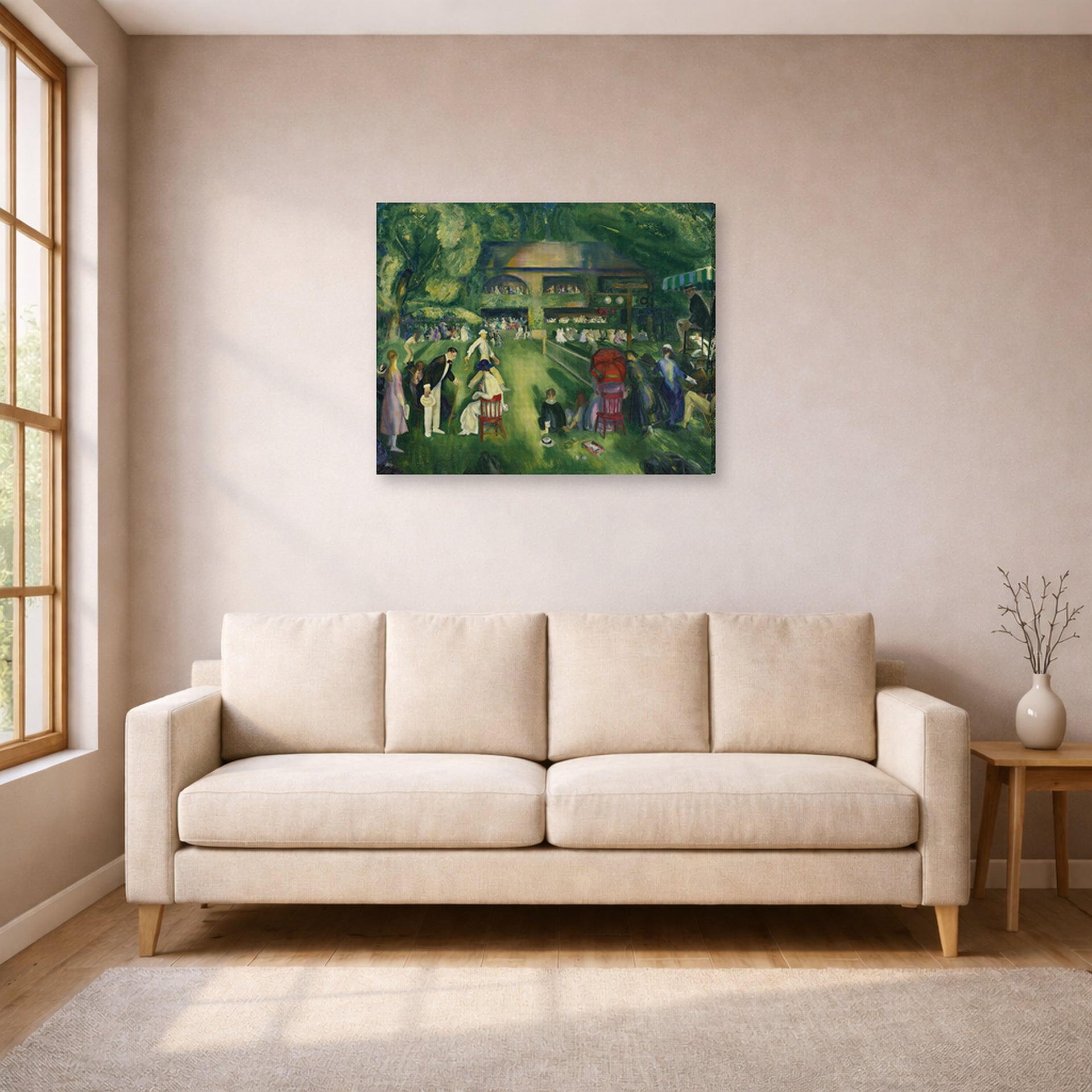 Gallery-wrapped canvas print of George Bellows's Tennis at Newport displayed on a wall in a living room