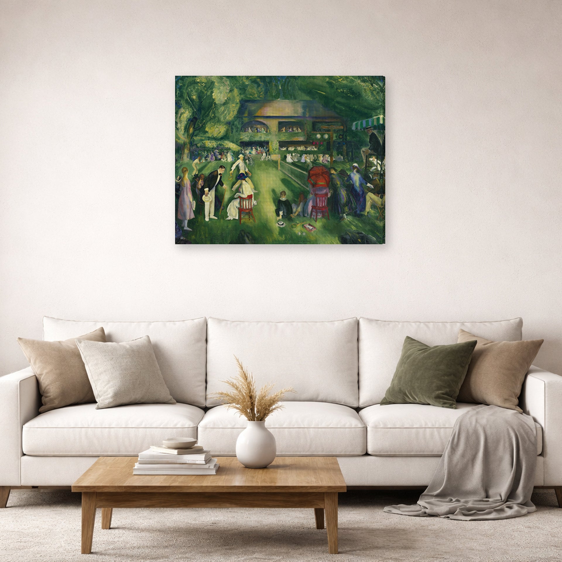 Gallery-wrapped canvas print of George Bellows's Tennis at Newport displayed on a wall in a living room