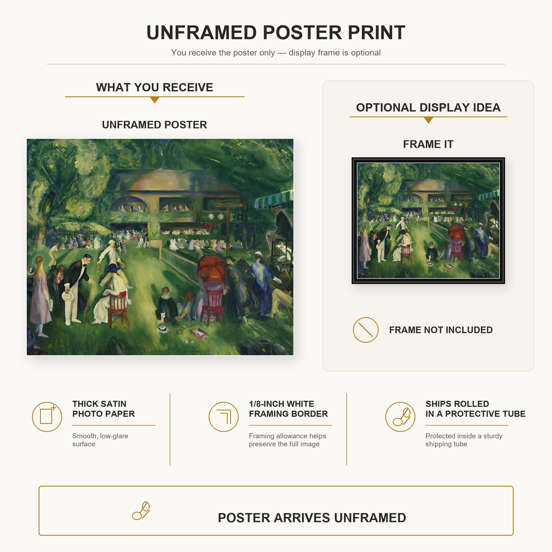 George Bellows - Tennis at Newport poster print size comparison and framing display infographic