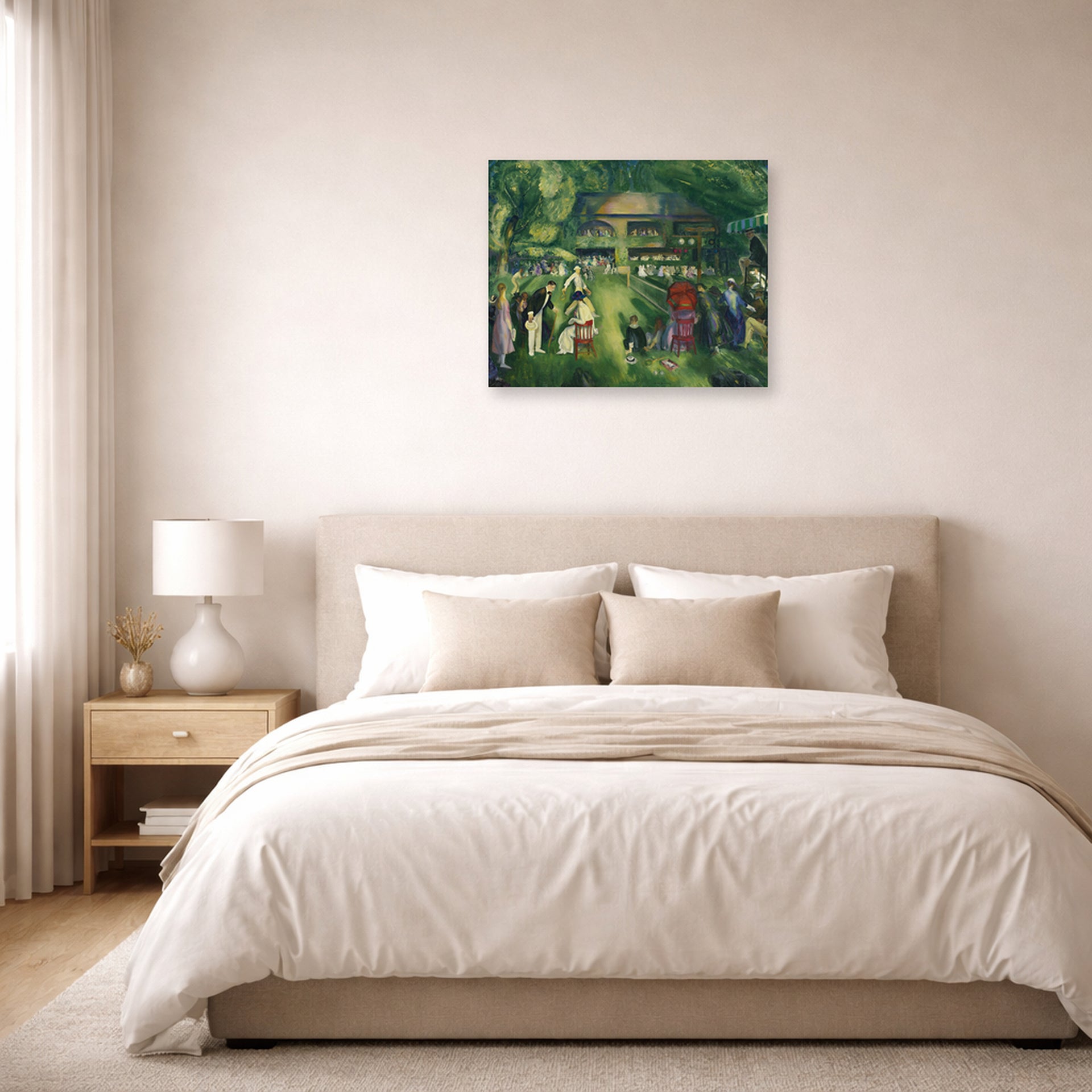 Unframed poster print of George Bellows's Tennis at Newport displayed on a wall in a bedroom