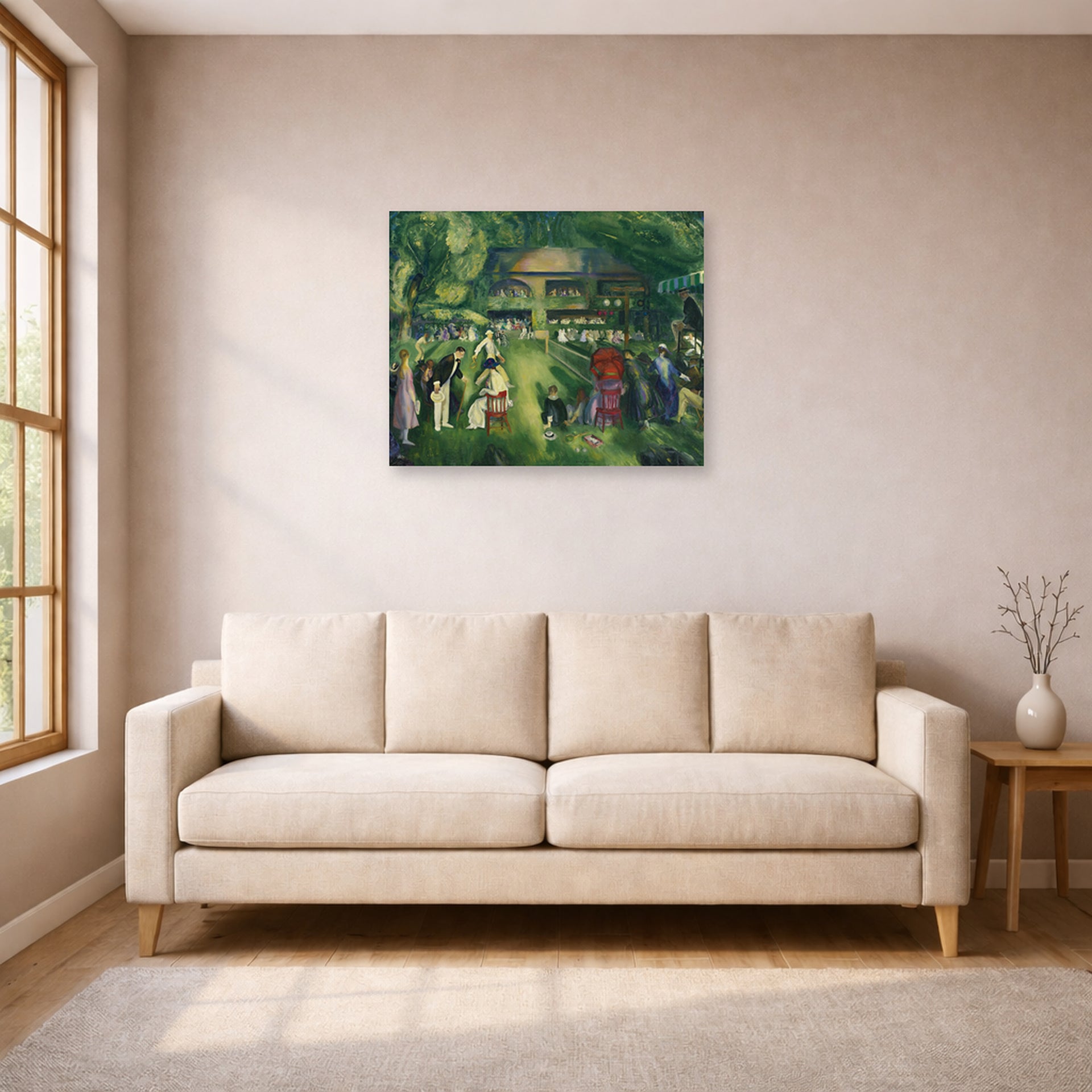 Unframed poster print of George Bellows's Tennis at Newport displayed on a wall in a living room