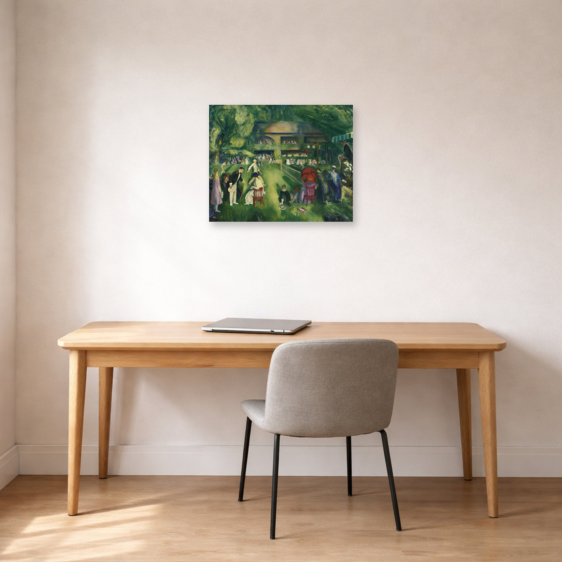 Unframed poster print of George Bellows's Tennis at Newport displayed on a wall in a office