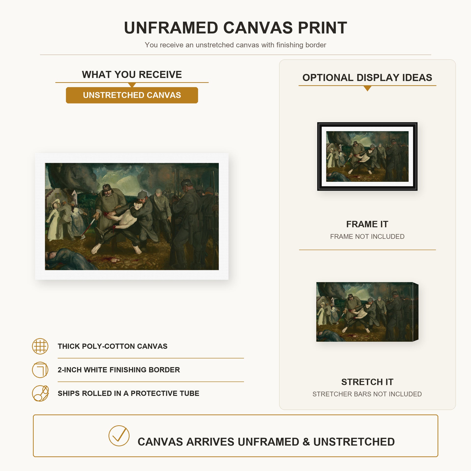 George Bellows - The Germans Arrive canvas print size comparison and framing display infographic