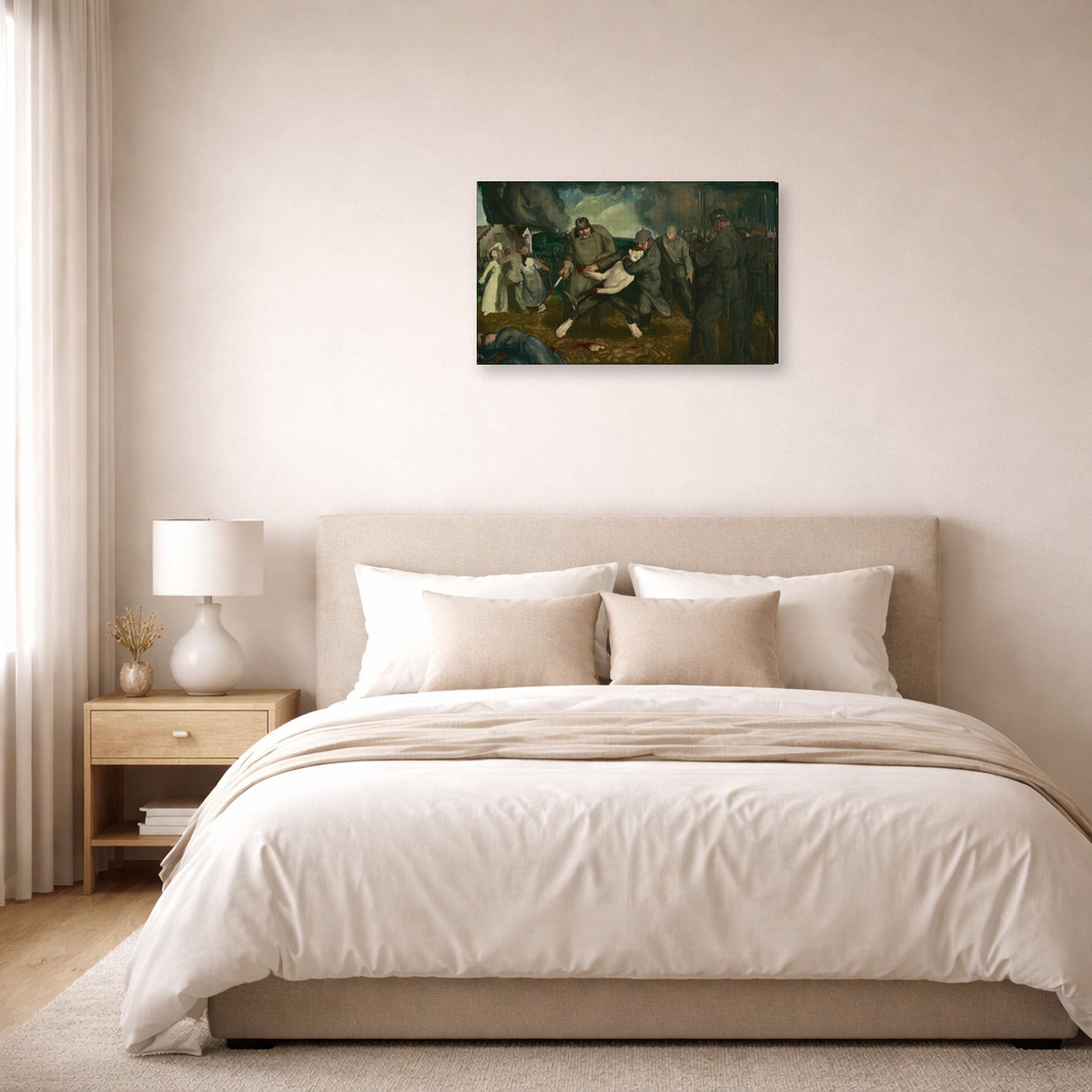 Gallery-wrapped canvas print of George Bellows's The Germans Arrive displayed on a wall in a bedroom