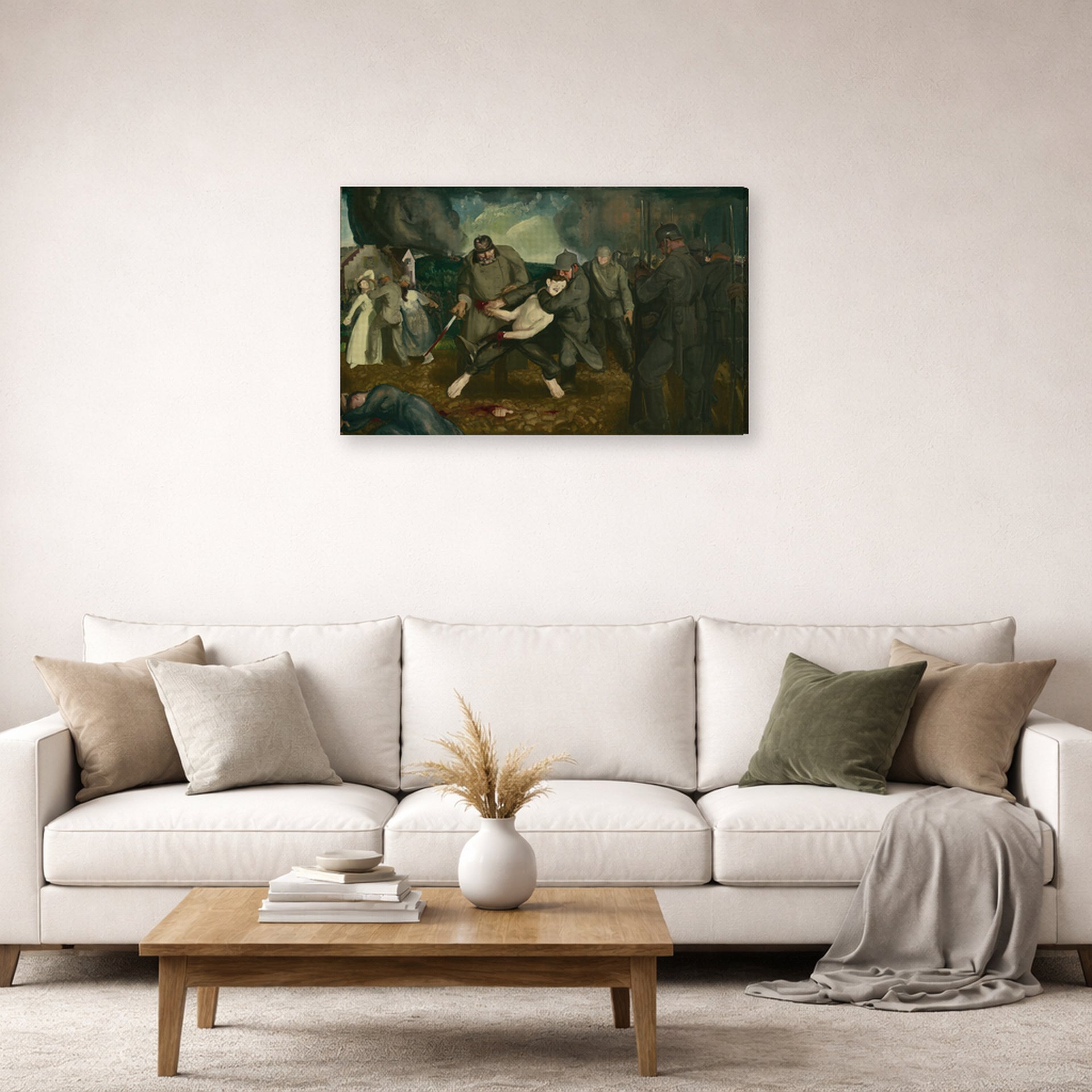 Gallery-wrapped canvas print of George Bellows's The Germans Arrive displayed on a wall in a living room